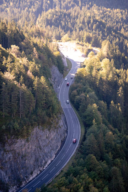 istock Road in Alps in Austria. Mountains and trees around. Vertical view 1055905640