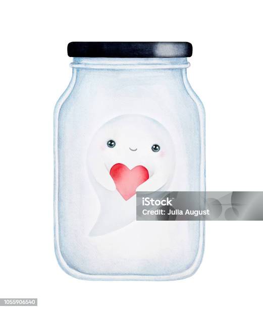 Little Smiling Baby Ghost Holding Red Love Heart Flying Inside Transparent Glass Jar Stock Illustration - Download Image Now