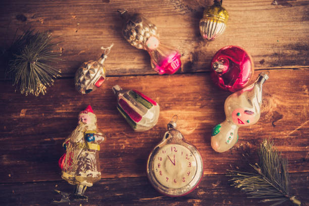 istock Retro Alarm Clock, Vintage Leather Suitcases, Old Fashioned Christmas Tree Decorations, copy space for your text 1055910304