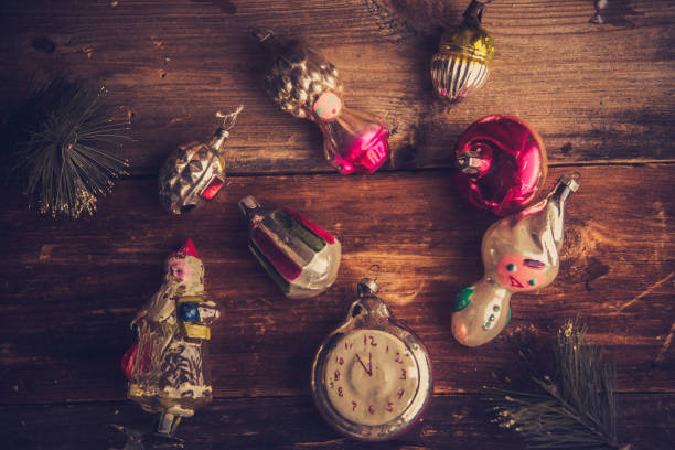 istock Retro Alarm Clock, Vintage Leather Suitcases, Old Fashioned Christmas Tree Decorations, copy space for your text 1055910336