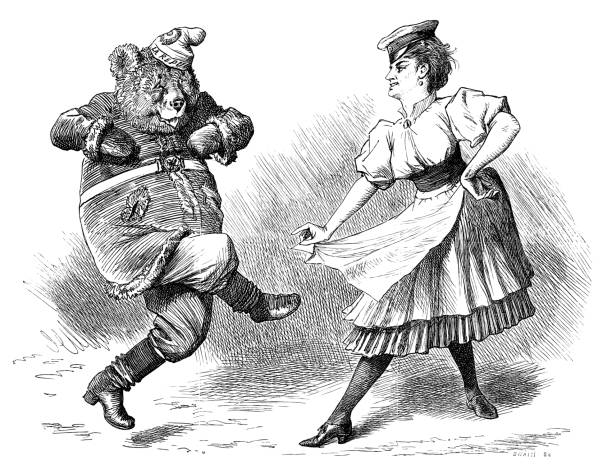 британский лондон сатиры карикатуры комиксы мультфильм иллюстрации: танцующий медведь - history women victorian style one person stock illustrations
