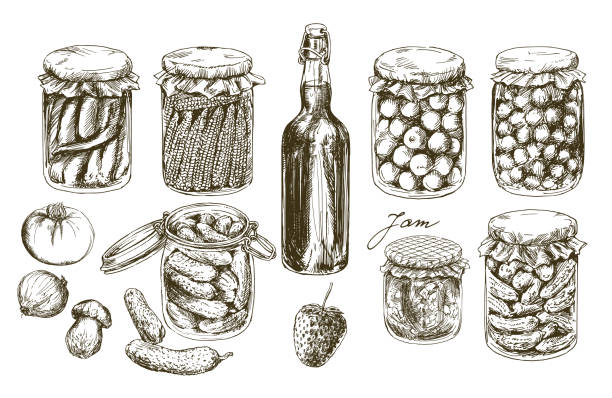 illustrations, cliparts, dessins animés et icônes de bocaux avec les fruits et légumes marinés. - vinegar bottle raspberry fruit