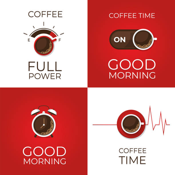набор концепции кофе. кофе и выключенный выключатель, сердцебиение, кофе власти, будильник плакат. плоский стиль, векторная иллюстрация. - coffee time stock illustrations
