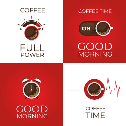 Coffee concept set. Coffee and on off switch, heartbeat, coffee power, alarm clock poster. Flat style, vector illustration.