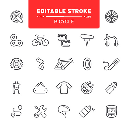 Bicycle, cycling, editable stroke, outline, icon, icons, bicycle seat, parts, equipment, gear