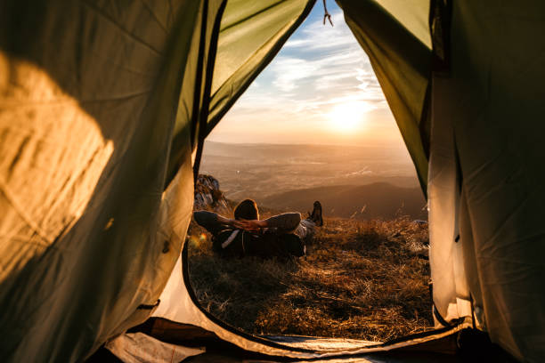 Perfect sunset in my tent stock photo