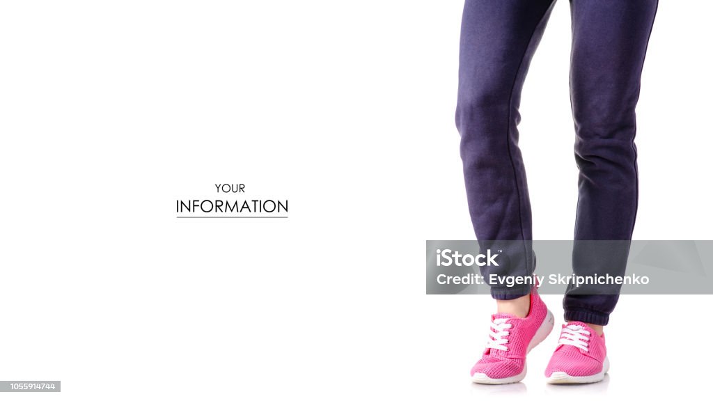 Woman female legs sport pants sneakers sport exercises pattern Woman female legs sport pants sneakers sport exercises pattern on a white background isolation Adult Stock Photo