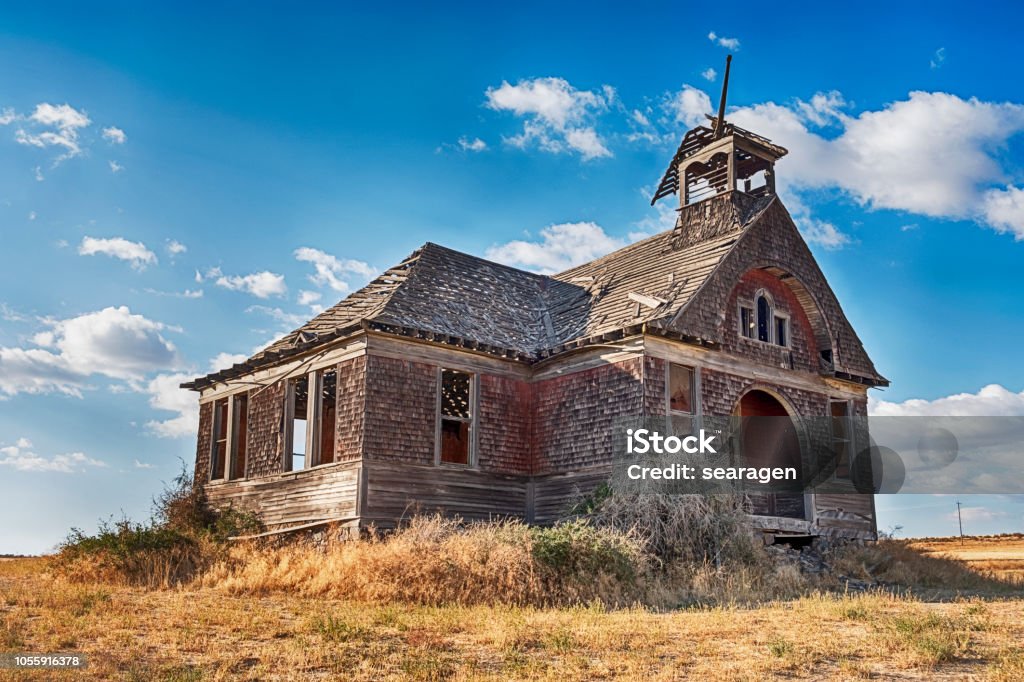 Ghost Town Schoolhouse The old schoolhouse in the ghost town of Govan, Washington is rumored to be haunted by past murders. Govan Stock Photo