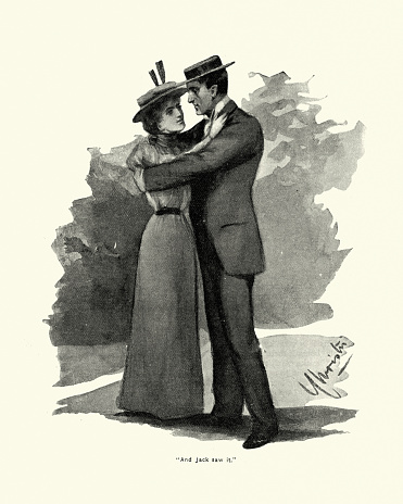 Vintage engraving of Victorian couple embracing and kissing, 1890s, 19th Century