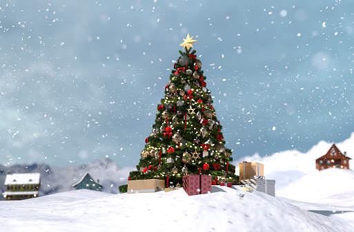 Christmas tree decorate in winter village for christmas,3d illustration