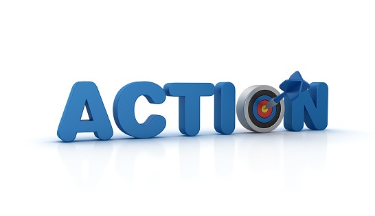ACTION 3D Word with Target and Dart - White Background - 3D Rendering