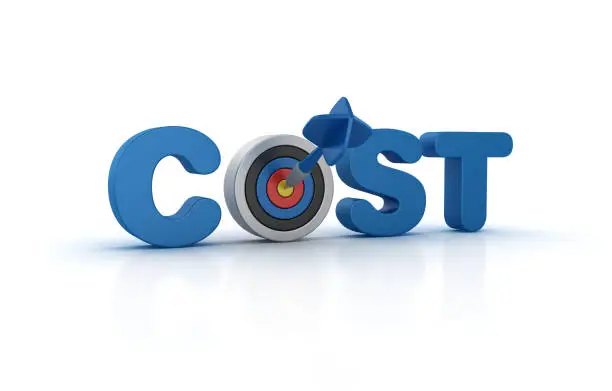 Photo of COST 3D Word with Target and Dart - 3D Rendering