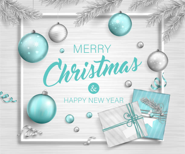 ilustrações de stock, clip art, desenhos animados e ícones de beautiful bright background with christmas decoration. vector banner of happy new year 2019 with blue and silver balls, gifts, christmas tree branches and ribbons. - abstract backgrounds bow greeting card
