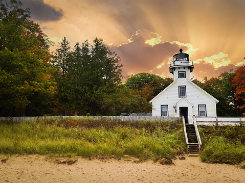 Mission Point Lighthouse Fall Old Mission Point Lighthouse In The Fall Sunset Stock Photo - Download ...