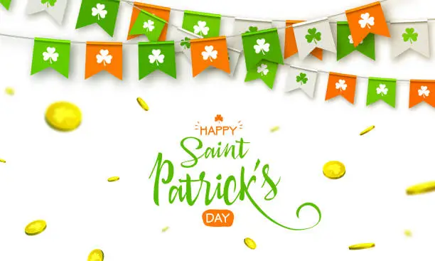 Vector illustration of Irish holiday - happy Saint Patrick's Day background with garland flags and coins