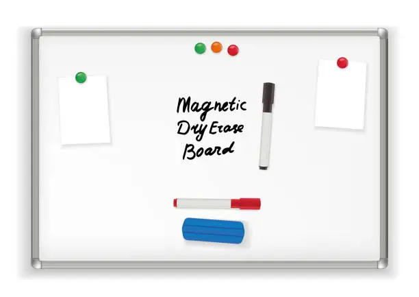 Vector illustration of Magnetic Dry Erase Board. Marker whiteboard School Office