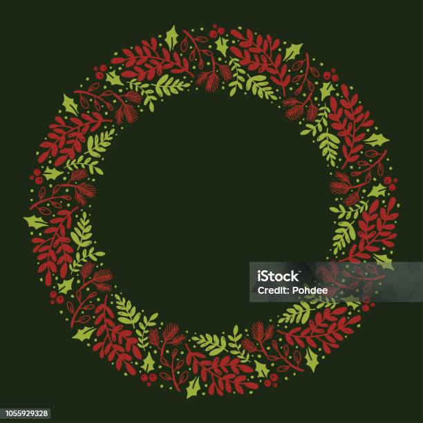 Abstract Rounded Holiday Vector Christmas Hand Drawn Wreath With Round Frame For Cards Design Vector ...