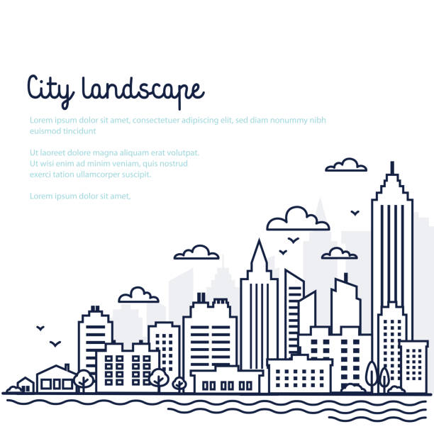 ilustrações de stock, clip art, desenhos animados e ícones de city landscape template. thin line city landscape. downtown landscape with high skyscrapers. panorama architecture government buildings isolated outline illustration. urban life - construction apartment house in a row