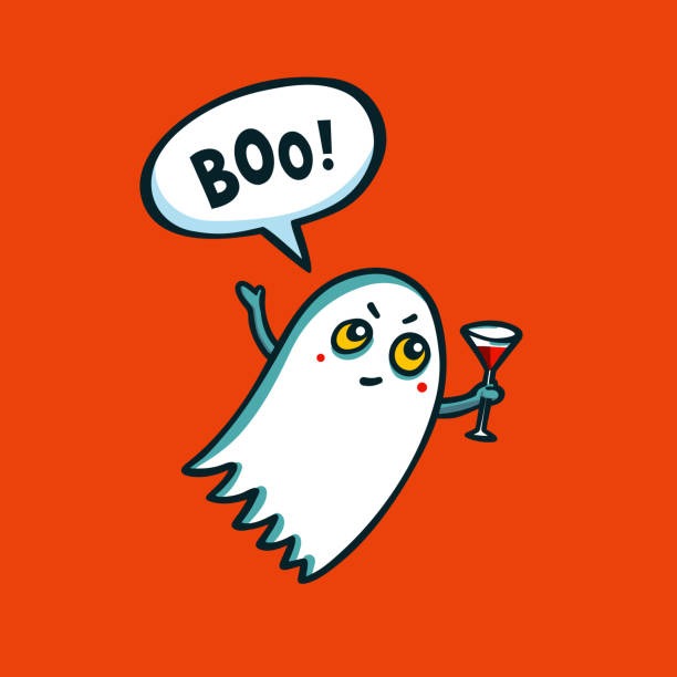 Halloween monster. Cute ghost with cocktail and boo speech bubble on orange background. Cartoon Vector illustration. Halloween monster. Cute ghost with cocktail and boo speech bubble on orange background. Cartoon Vector illustration cartoon devil with speech bubble stock illustrations
