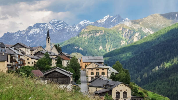 View of Guarda (Graubunden, Switzerland) View of Guarda in Inn District in the Swiss canton of Graubunden, awarded the Wakker Prize for the preservation of its architectural heritage in 1975. engadine stock pictures, royalty-free photos & images