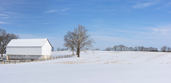 Panoramic scene of historic barn and farm in Antietam National Battlefield park, Maryland.