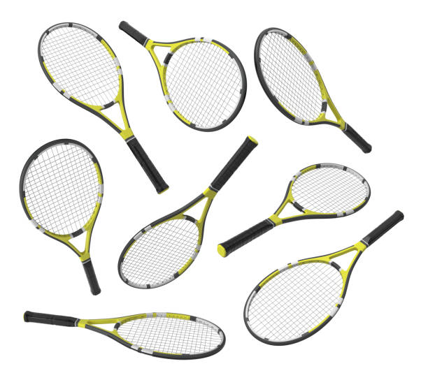 3d-rendering viele identische tennisschläger hängen in verschiedenen winkeln weißer hintergrund. - tennis racket ball isolated stock-fotos und bilder