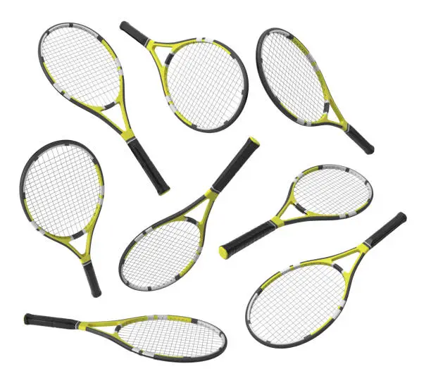 3d rendering many identical tennis racquets hanging at different angles on white background. Tennis gear. Tennis for fitness. Tennis class.