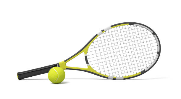 3d-rendering einen einzigen tennisschläger liegend mit ein gelben ball auf weißem hintergrund. - tennis racket ball isolated stock-fotos und bilder