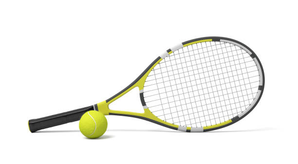3d rendering a single tennis racquet lying with a yellow ball on white background. 3d rendering a single tennis racquet lying with a yellow ball on white background. Tennis as sport. Tennis as hobby. Tennis classes. tennis racket stock pictures, royalty-free photos & images