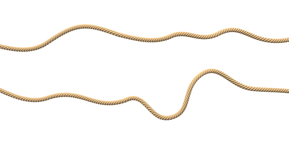 3d rendering of two lines of yellow natural rope lying on a white background in wavy form. Roping and twisting. Gear for binding. Strong holding cord.