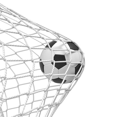 3d rendering of a football ball hitting the net inside the gate on white background. Scoring goal. Winning game. Soccer match.