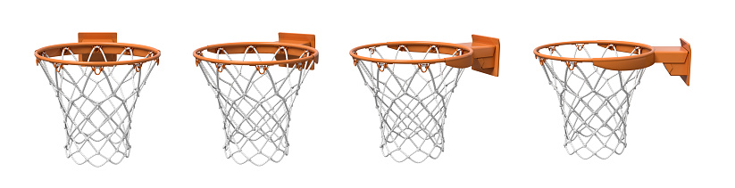 3d rendering of a set made of four basketball baskets with orange loop and fixing bracket. Empty basket. Zero points. Losing game.