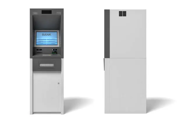 Photo of 3d rendering of an isolated bank ATM machine with a lit blue screen on white background.