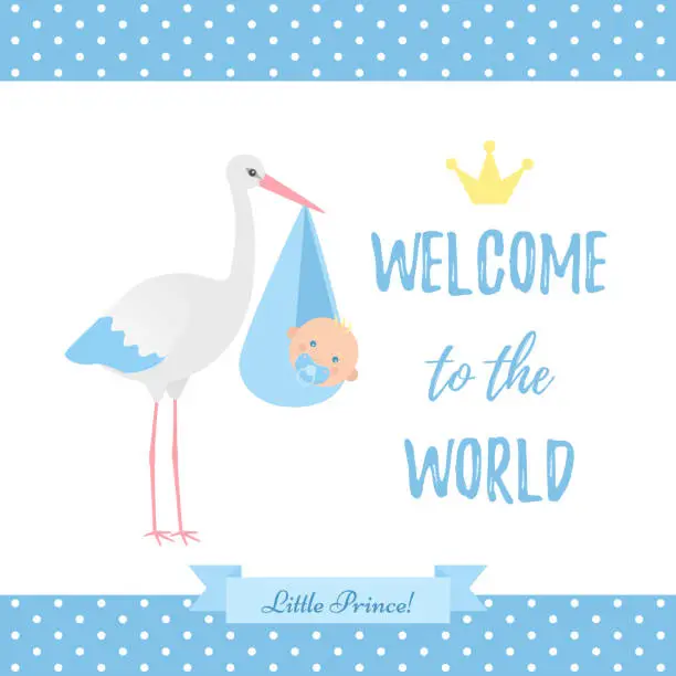 Vector illustration of Baby Shower boy card. Vector illustration. Blue banner with stork.