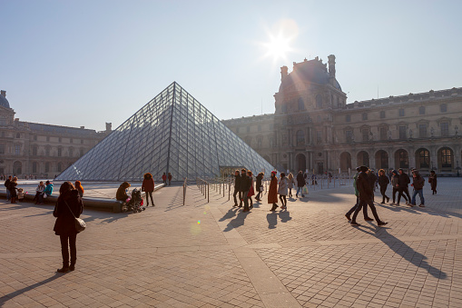 Paris, France - Jan 26, 2017: Louvre museum at dusk on Jan 26, 2017 in Paris. This is one of the most popular tourist destinations in France displayed over 60,000 square meters of exhibition space.