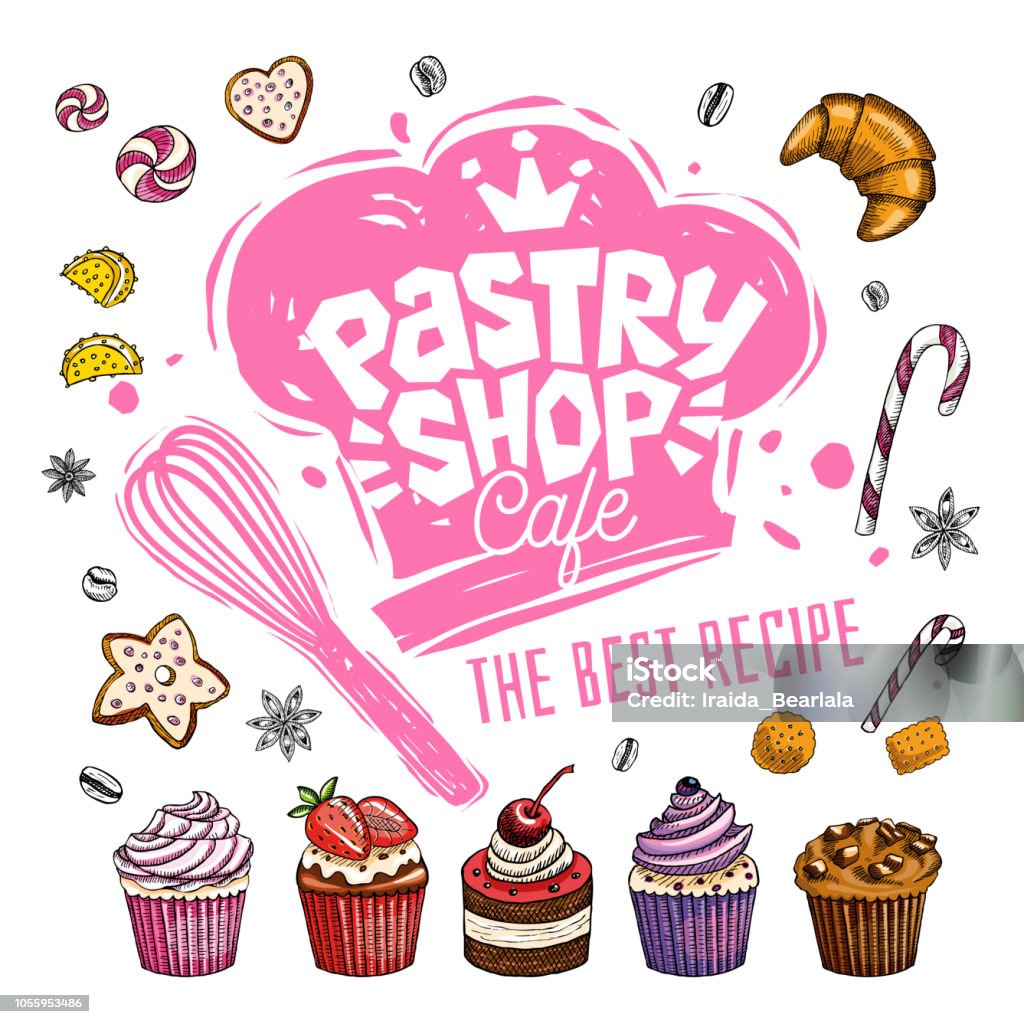 Sweet shop cafe logo design label, emblem. Hand drawn vector Pastry shop cafe logo design label, emblem. Lettering, sweets, pastry, croissant, candy, cookie colorful, splash, coffee beans doodle yummy. Hand drawn vector illustration Chocolate stock vector