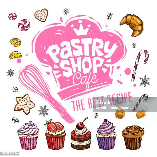 Sweet Shop Cafe Logo Design Label Emblem Hand Drawn Vector Stock Illustration - Download Image Now