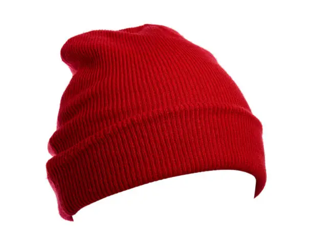 Red wool hat isolated on white background.