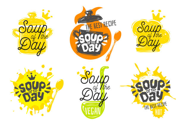 illustrazioni stock, clip art, cartoni animati e icone di tendenza di zuppa del giorno, set di icone di lettere di cottura in stile schizzo. - soup