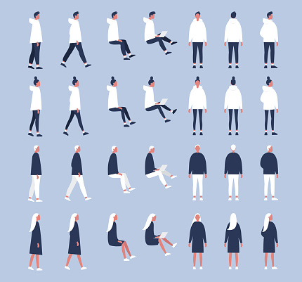 Set of flat vector characters in different poses. Young adults. Lifestyle illustration. Flat editable vector, clip art