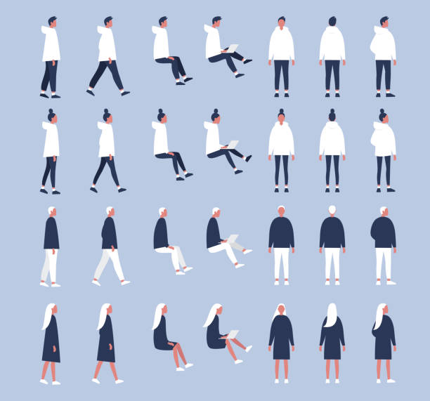 Set of flat vector characters in different poses. Young adults. Lifestyle illustration. Flat editable vector, clip art Set of flat vector characters in different poses. Young adults. Lifestyle illustration. Flat editable vector, clip art front view illustrations stock illustrations