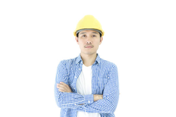 istock Business man engineer employee with blue scott shirt isolated on white background. 1055959412