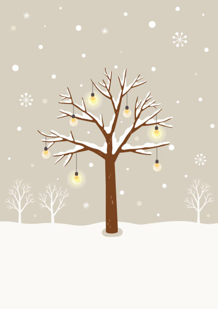 bildbanksillustrationer, clip art samt tecknat material och ikoner med vinter träd med ljus lampa lampor. vinterlandskap - winter wonderland