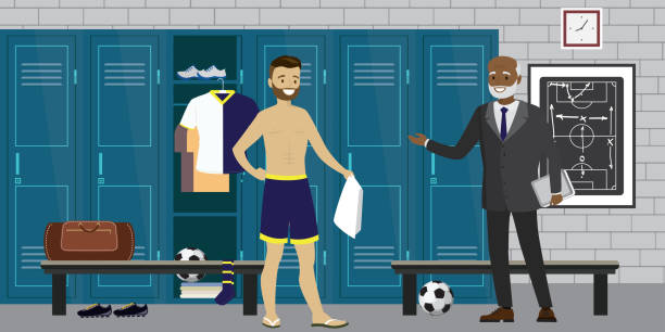 football player and coach,open and closed lockers Dressing room interior with lockers with sporting equipment,football player and coach,open and closed lockers,flat vector illustration football locker room stock illustrations