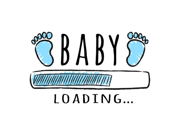 Progress bar with inscription - Baby loading and kid footprints in sketchy style. Progress bar with inscription - Baby loading and kid footprints in sketchy style. Vector illustration for t-shirt design, poster, card, baby shower decoration. funny pregnancy announcements stock illustrations