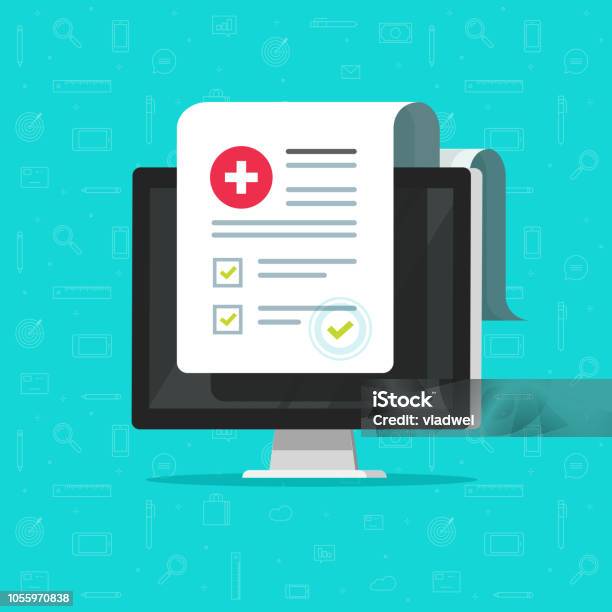 Computer And Medical Form List Results Data And Approved Check Mark Vector Electronic Clinical Checklist Document With Checkbox Online Insurance Or Medicine Service Digital Prescription Record Stock Illustration - Download Image Now