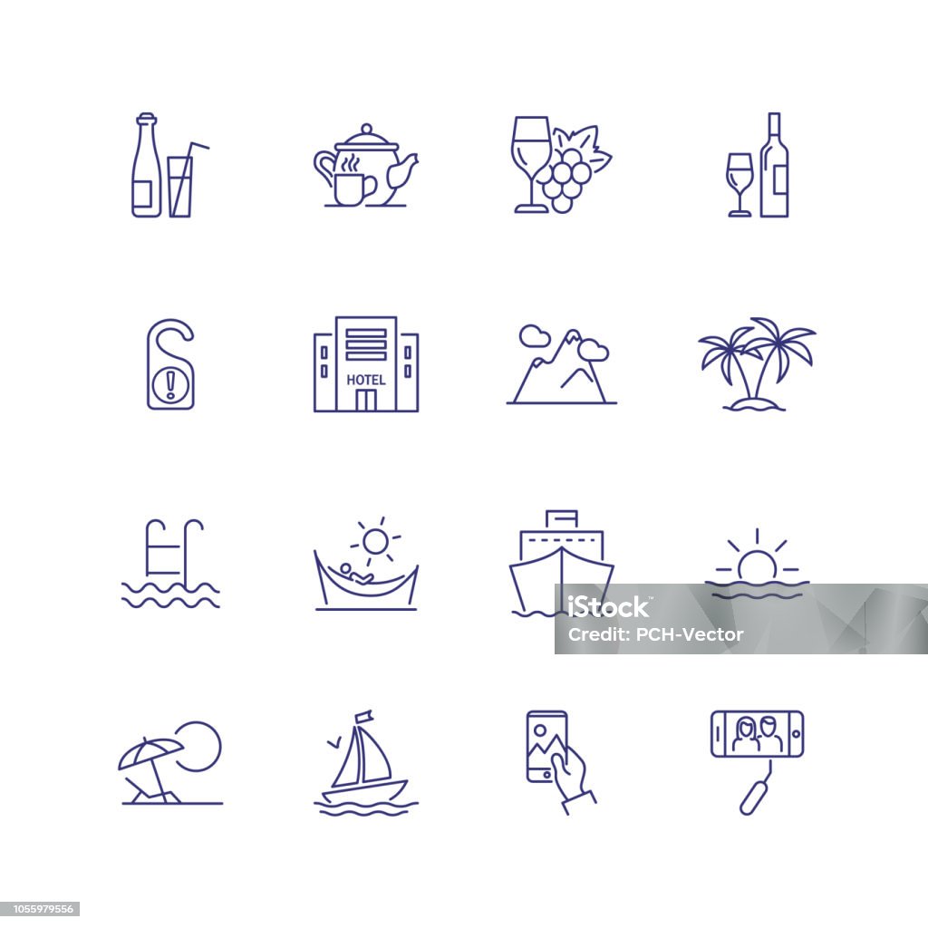 Vacation line icon set Vacation line icon set. Hotel, palms, cruise ship. Tourism concept. Can be used for topics like resort, travel, journey Beach stock vector