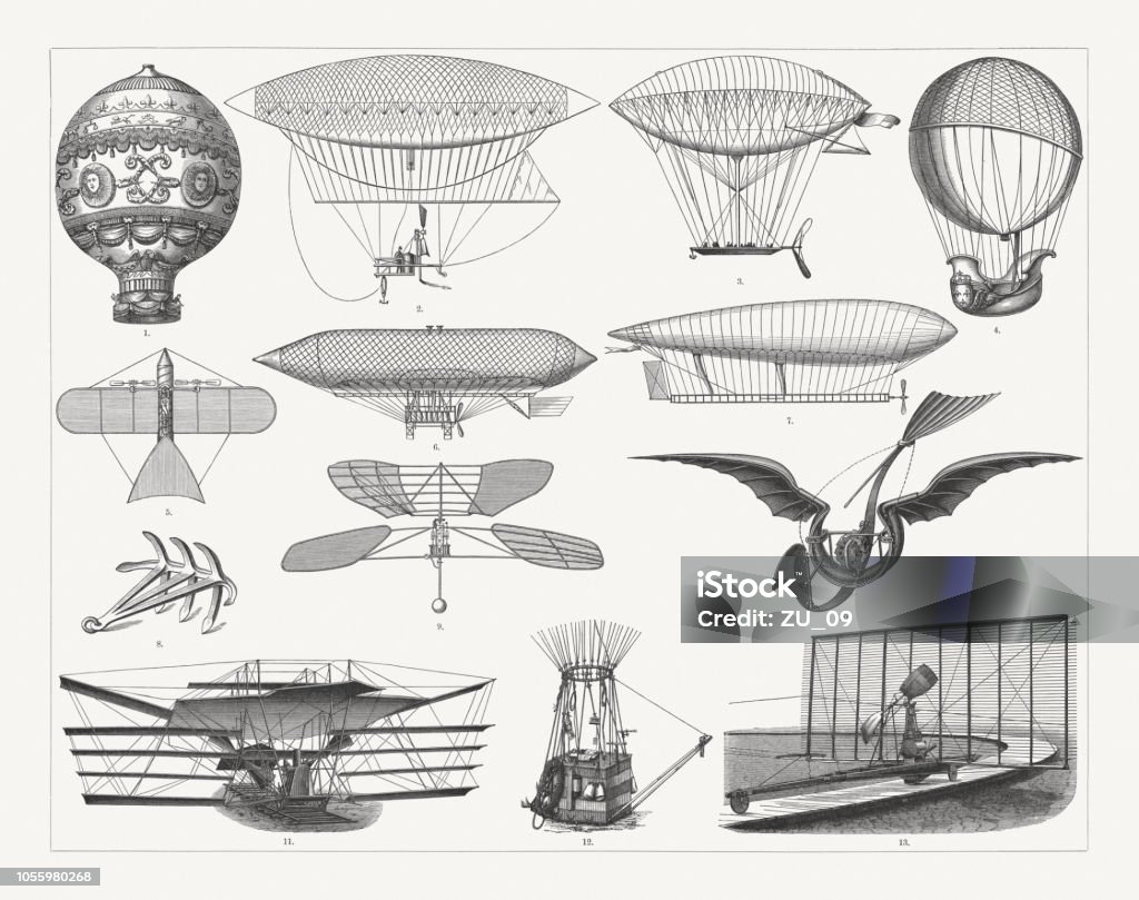 Airship travel in the past, wood engravings, published in 1897 Airship travel in the past: 1) Montgolfier brothers' balloon (1783); 2) Giffard dirigible (1852); 3) Navigable balloon developed by Dupuy de Lome (1872); 4) Hydrogen-balloon by Charles and Robert brothers (1783); 5) Victor Tatin (1843-1913) compressed air powered Aeroplane (1879); 6) Airship by Paul Haenlein (1835-1905); 7) La France - Airchip by Charles Renard and Arthur Constantin Krebs (1884/85); 8) Anchor by Hervé; 9) Helicopter by Enrico Forlanini (1878); 10) Mechanical bird by Gustave Trouvé (1890); 11) Flying machine by Sir Hiram Stevens Maxim (1894); 12) Basket of the ballon "M.W." with equipment (M. W. is the name of a balloon of the German Association for the Promotion of Air Navigation, founded 1881.); 13) Flying machine by Horatio Frederick Phillips (1893). Wood engravings, published in 1897. Engraving stock illustration