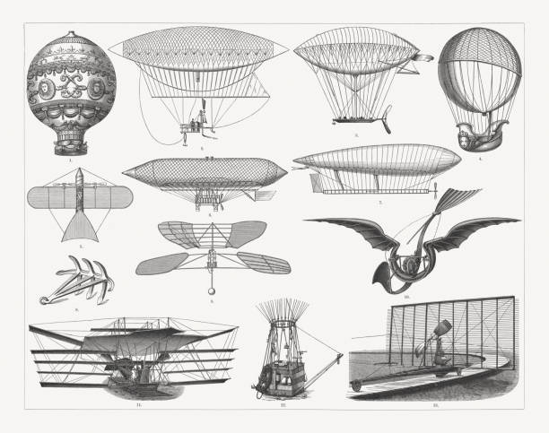 Airship travel in the past, wood engravings, published in 1897 Airship travel in the past: 1) Montgolfier brothers' balloon (1783); 2) Giffard dirigible (1852); 3) Navigable balloon developed by Dupuy de Lome (1872); 4) Hydrogen-balloon by Charles and Robert brothers (1783); 5) Victor Tatin (1843-1913) compressed air powered Aeroplane (1879); 6) Airship by Paul Haenlein (1835-1905); 7) La France - Airchip by Charles Renard and Arthur Constantin Krebs (1884/85); 8) Anchor by Hervé; 9) Helicopter by Enrico Forlanini (1878); 10) Mechanical bird by Gustave Trouvé (1890); 11) Flying machine by Sir Hiram Stevens Maxim (1894); 12) Basket of the ballon "M.W." with equipment (M. W. is the name of a balloon of the German Association for the Promotion of Air Navigation, founded 1881.); 13) Flying machine by Horatio Frederick Phillips (1893). Wood engravings, published in 1897. anchor vessel part stock illustrations