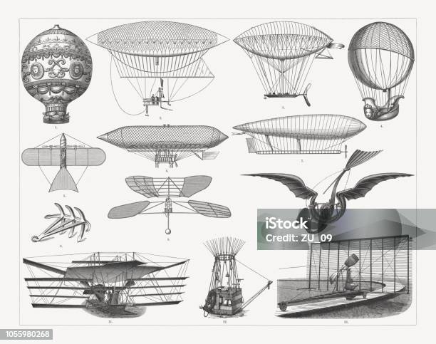 Airship Travel In The Past Wood Engravings Published In 1897 Stock Illustration - Download Image Now